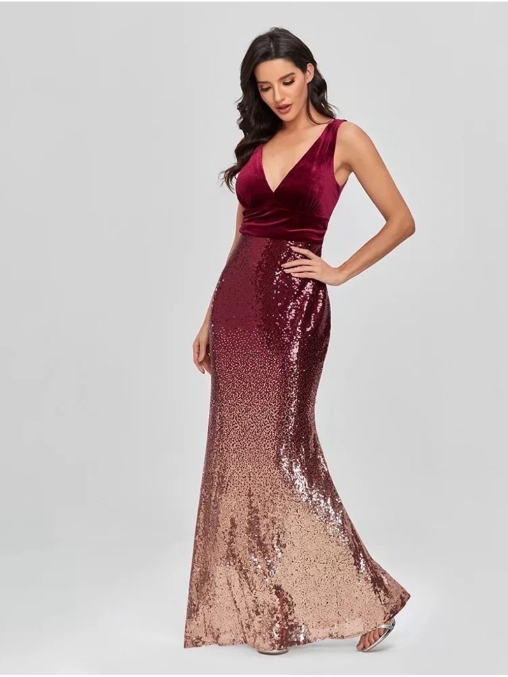 Ever-Pretty burgundy and gold ombre sequin velvet mermaid evening gown.